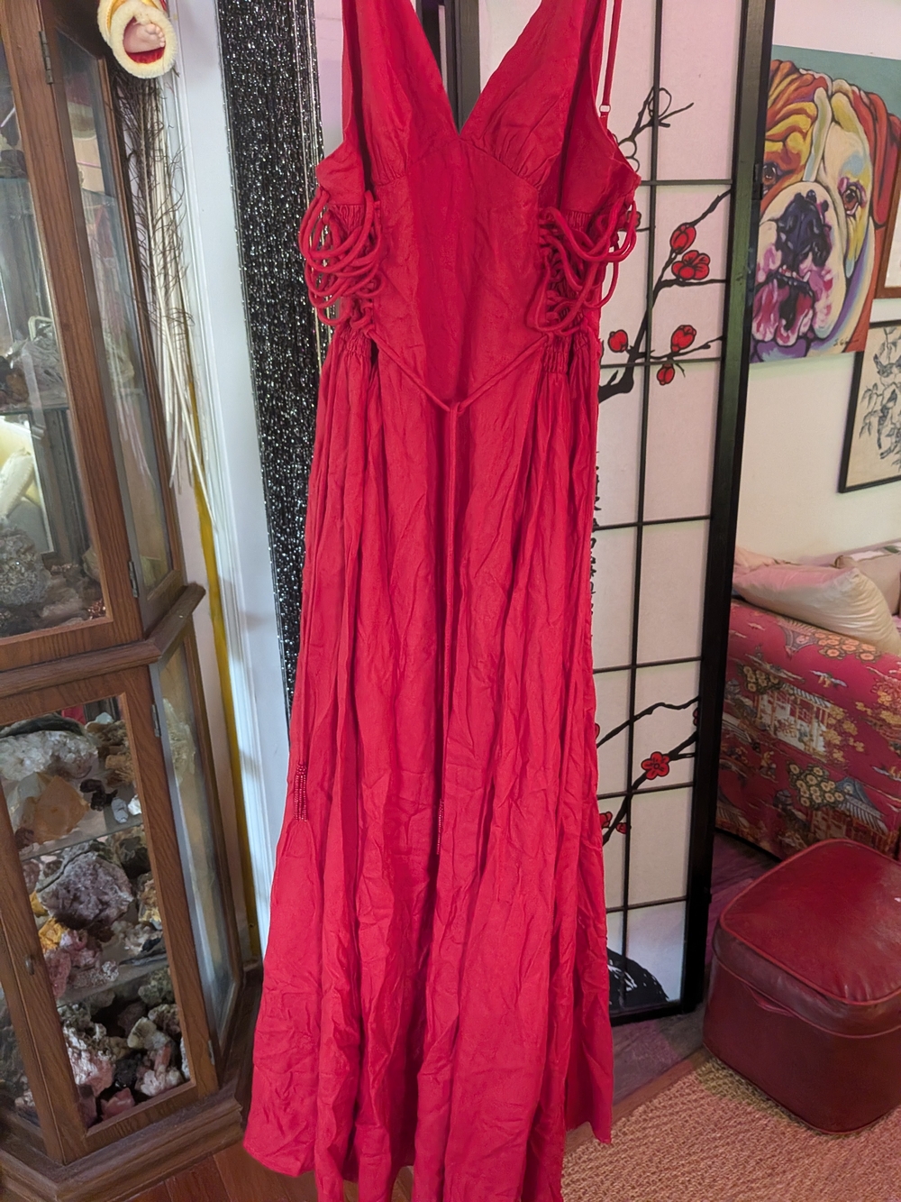FARM Rio Scarlet Red V-Neck Maxi Dress with Side Lace-Up - Picture 1 of 4